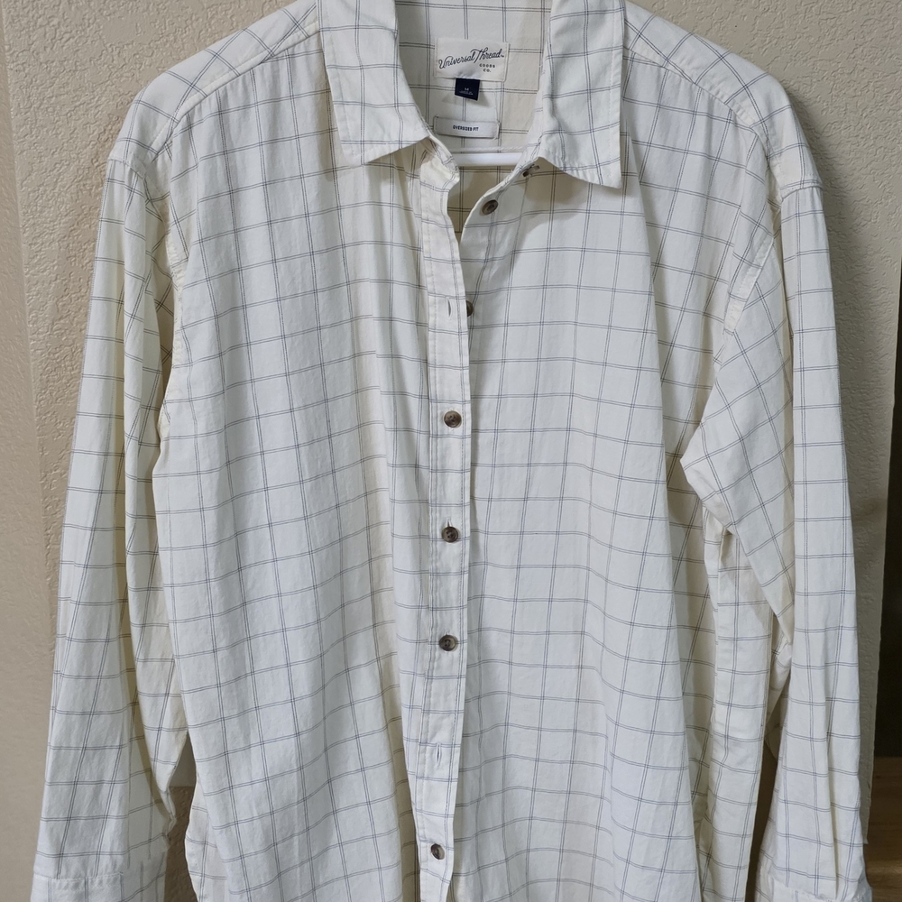 Universal Threads Cream Button-Down Shirt with Gray Windowpane Grid